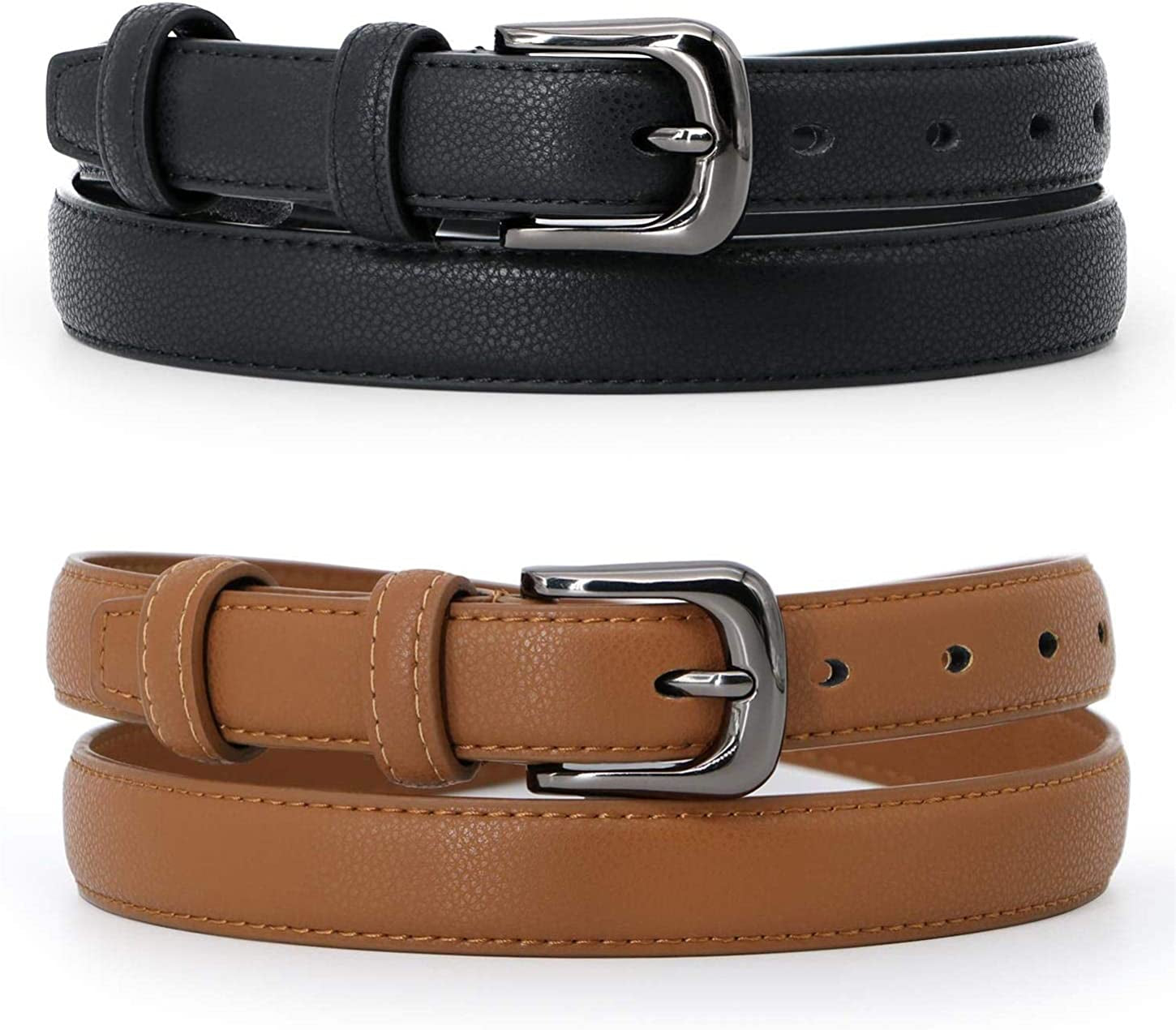 WERFORU 2 Pack Women Leather Belt Waist Skinny Dress Belts Solid Pin Buckle Belt for Jeans Pants Apparel & Accessories > Clothing Accessories > Belts WERFORU G-black/Brown Fit Size 30"-34"