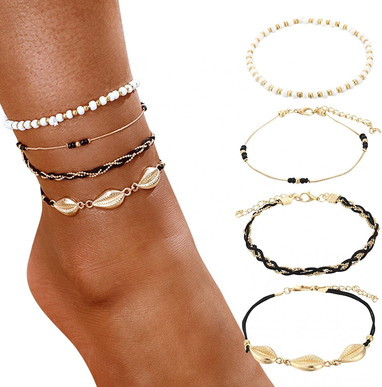 Bohemia Shell Charm Pendant Anklet Set, 4Pcs String Pearl Beaded Gold Ankle Bracelet, Beaded Foot Chain Beach Foot Jewelry Accessories for Women and Teen Girls Apparel & Accessories > Jewelry > Anklets Generic