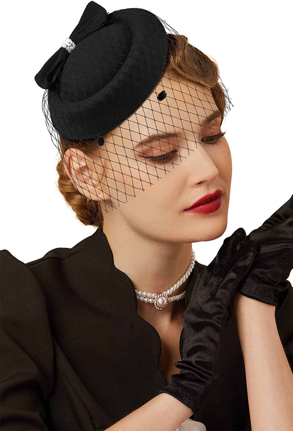 Fascinators Hats 20S 50S Hat Pillbox Hat Cocktail Tea Party Headwear with Veil for Girls and Women Apparel & Accessories > Clothing Accessories > Headwear Cizoe C-black