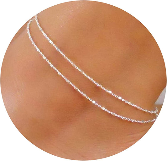 Pencros Dainty Layered Anklet,14K Gold Filled Cute Beads Satellite Chain Heart Boho Adjustable Anklets for Women Teen Girls Apparel & Accessories > Jewelry > Anklets Pencros bead-silver