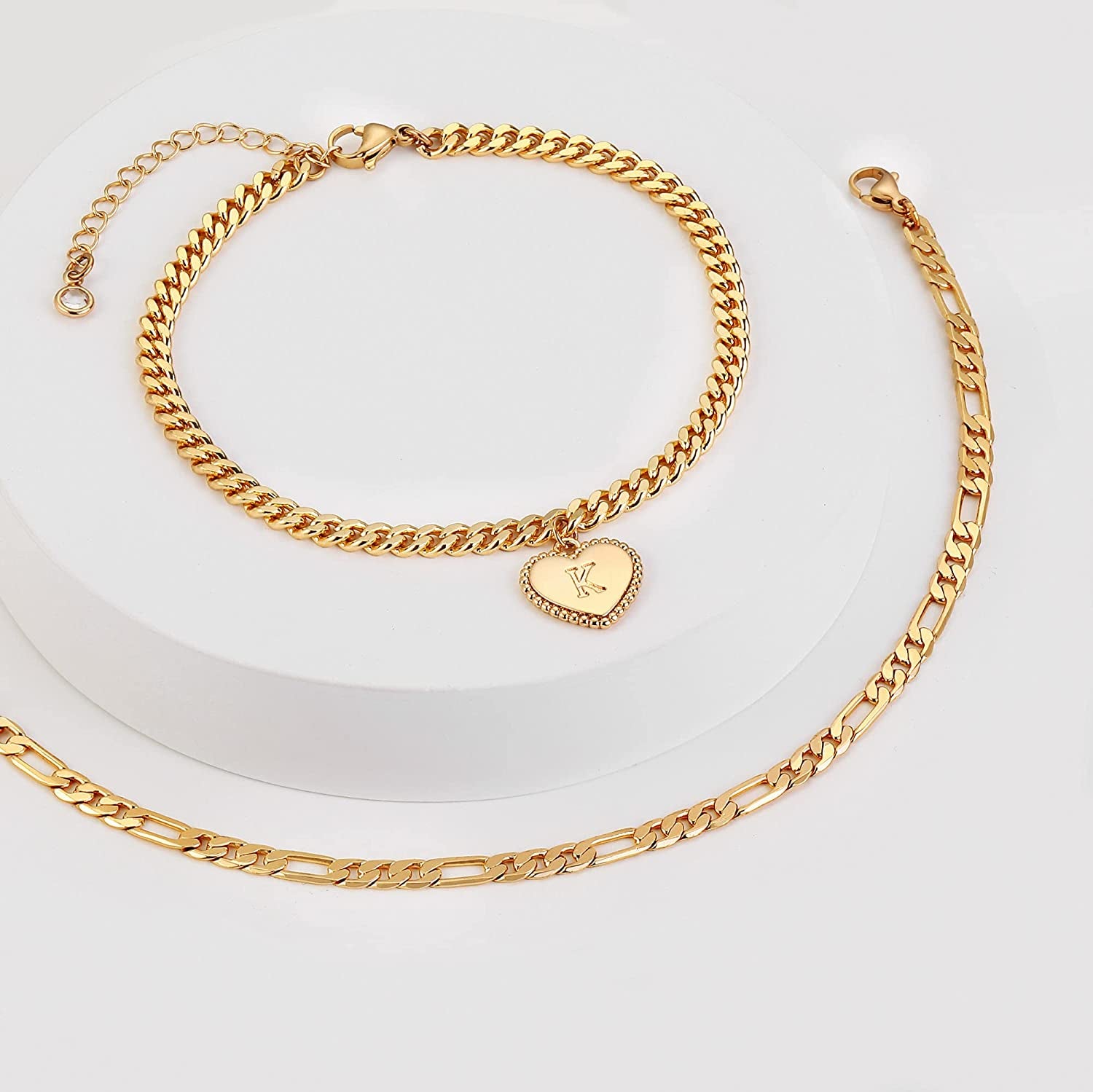 Gold Initial Ankle Bracelets for Women 14K Gold Plated Heart Initial Charm Gold Anklets for Women Cuban Link Chain Initial Anklet Bracelets for Women Figaro Chain Anklet Apparel & Accessories > Jewelry > Anklets BRIJEWLIC