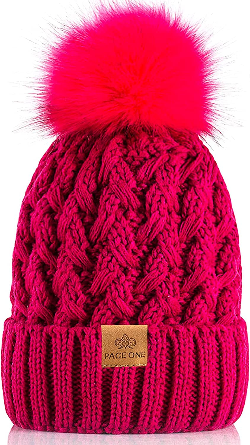 PAGE ONE Womens Winter Ribbed Beanie Crossed Cap Chunky Cable Knit Pompom Soft Warm Hat Apparel & Accessories > Clothing Accessories > Hats PAGE ONE Rose Red