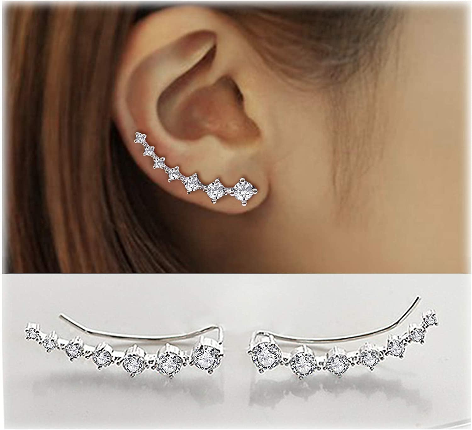 Earring for Women Cartilage 7 Crystals Ear Cuffs Hoop Climber S925 Sterling Silver Earrings with Cubic Zirconia CZ Hypoallergenic Piercing Gifts for Her Apparel & Accessories > Jewelry > Earrings Elensan