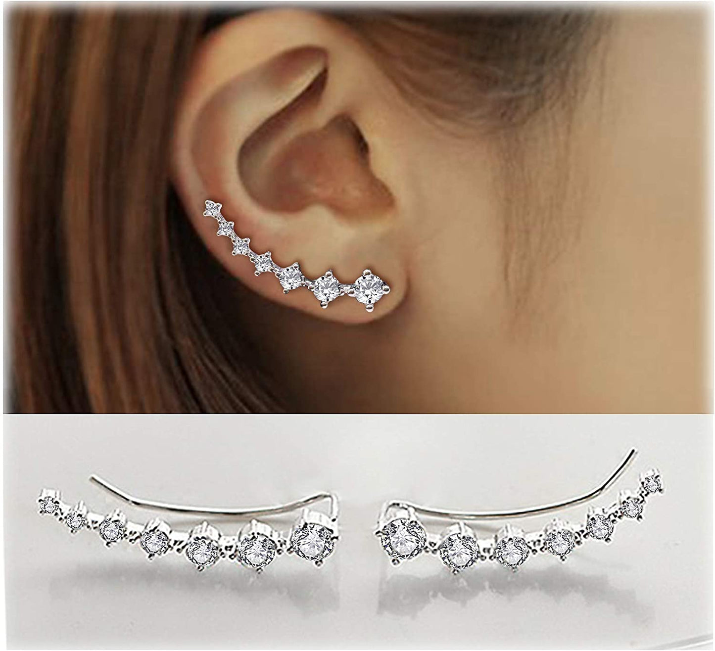 Earring for Women Cartilage 7 Crystals Ear Cuffs Hoop Climber S925 Sterling Silver Earrings with Cubic Zirconia CZ Hypoallergenic Piercing Gifts for Her Apparel & Accessories > Jewelry > Earrings Elensan