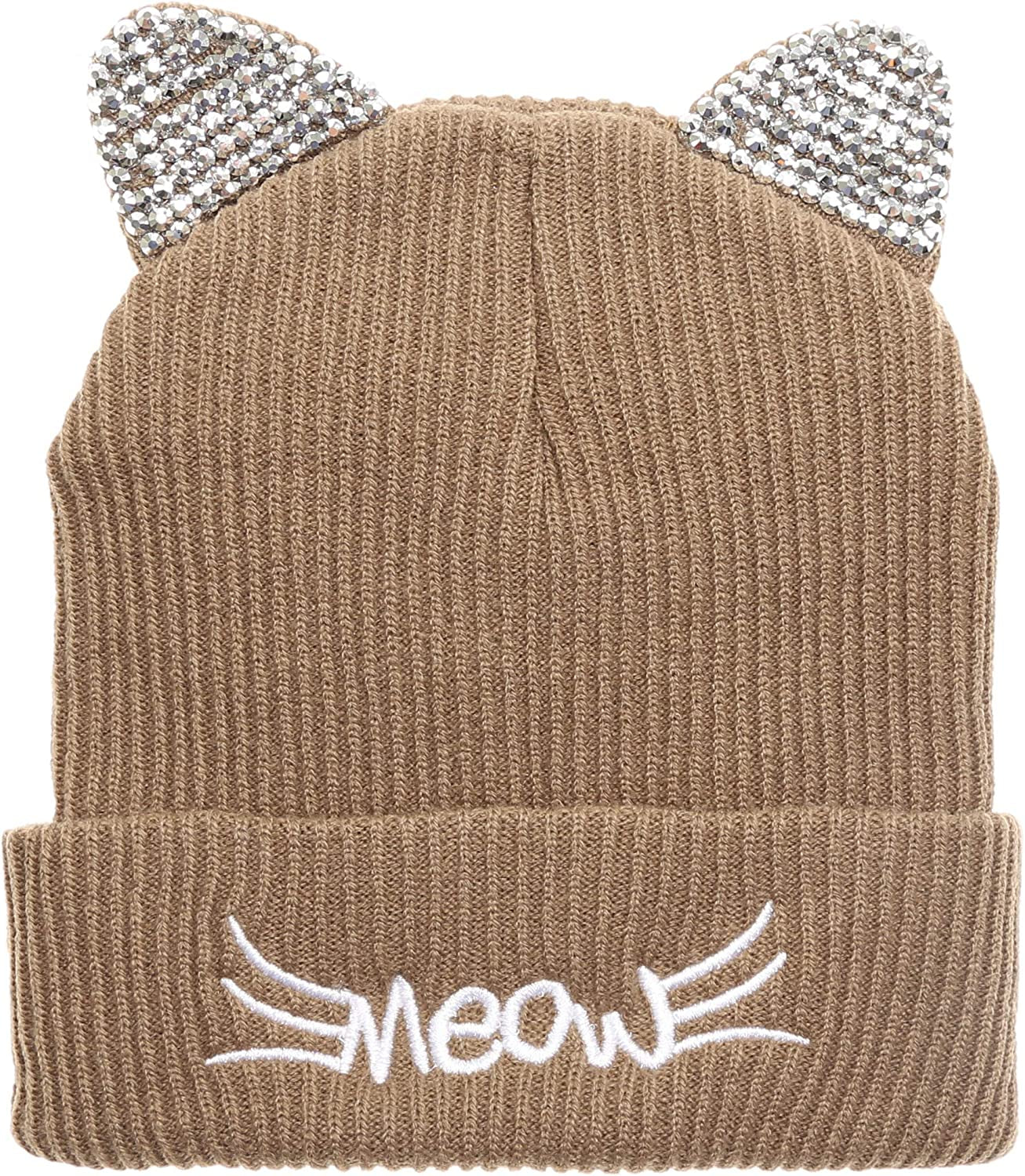 MIRMARU Women’S Soft Warm Embroidered Meow Cat Ears Knit Beanie Hat with Stone Embellished Apparel & Accessories > Clothing Accessories > Hats MIRMARU Taupe One Size