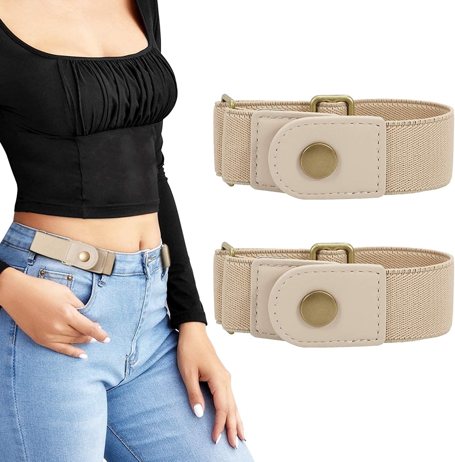 No Buckle Stretch Belt for Women/Men—2 Pack Elastic Invisible Belt for Jeans Apparel & Accessories > Clothing Accessories > Belts LEACOOLKEY D-beige+beige Fits 2 loop size 7"-14"