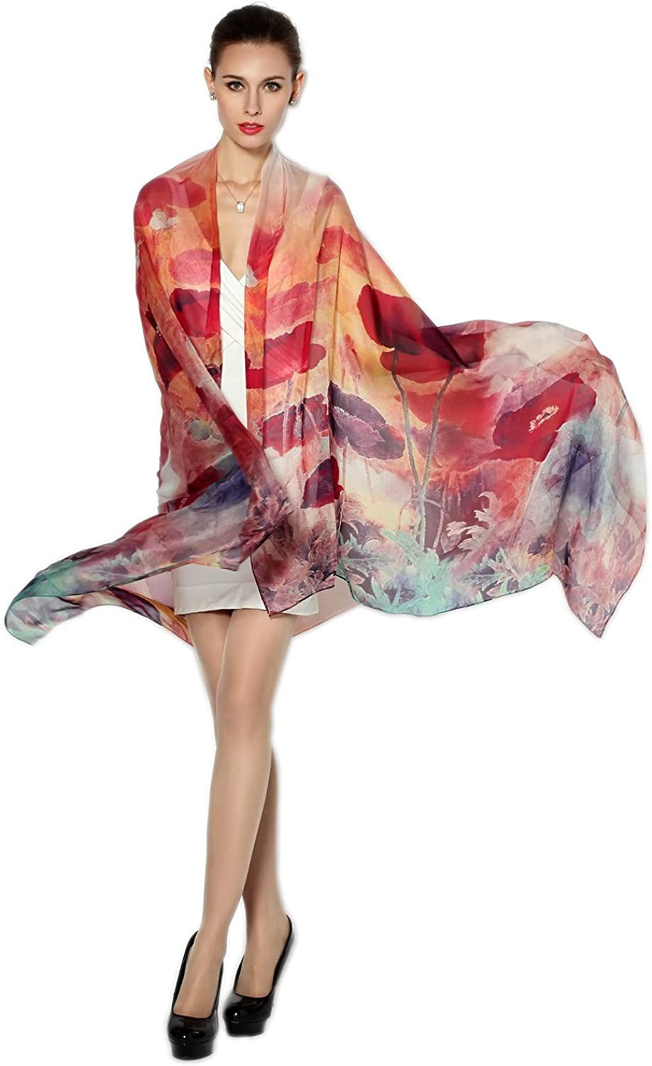 Women Fashion Silk Scarf Oblong Floral Oversize Soft Shawl Beach Wrap Apparel & Accessories > Clothing Accessories > Scarves & Shawls Just4Beauty Red
