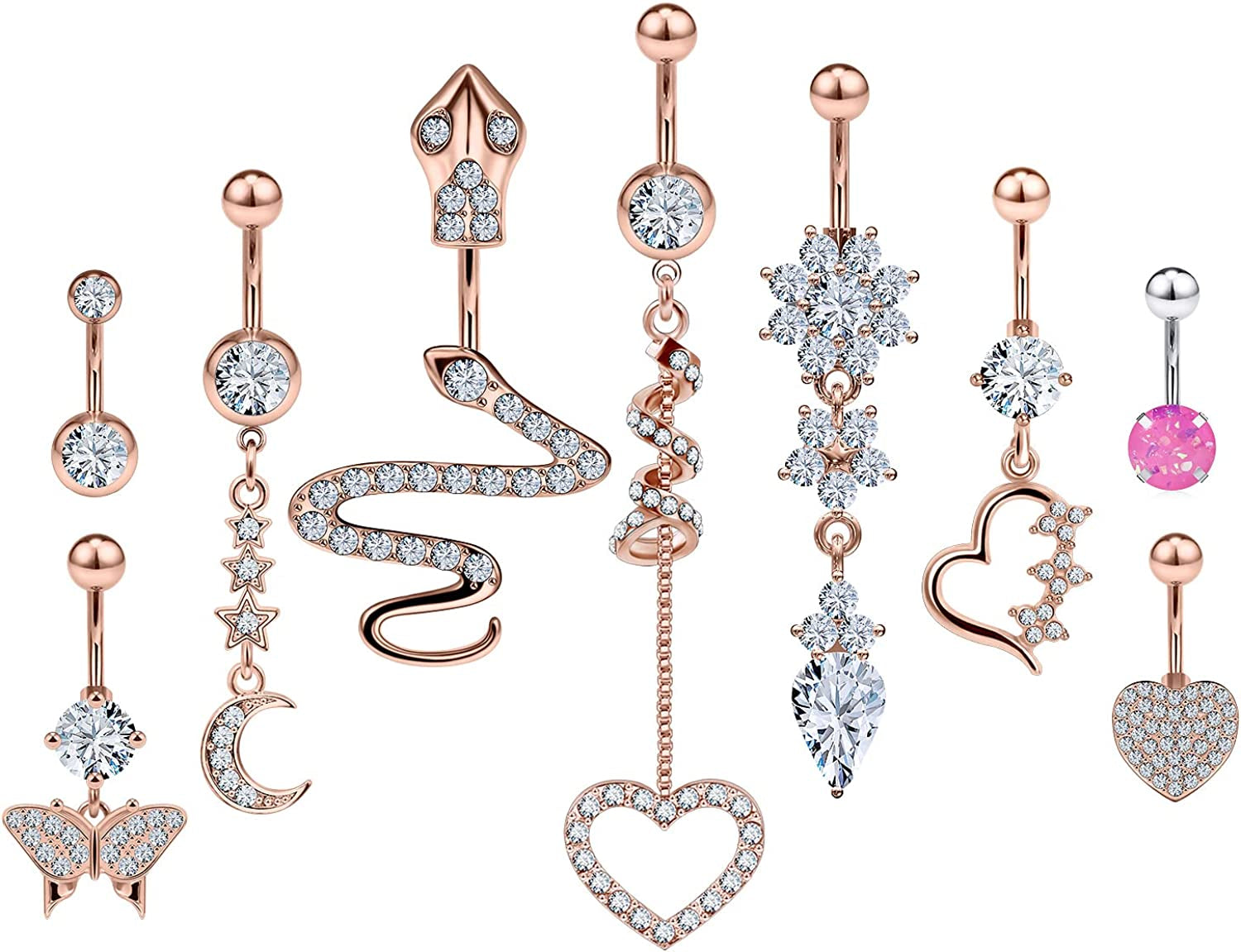 Rksndnn 14G Belly Button Rings Dangle for Women Stainless Steel Belly Rings Belly Piercing Jewelry Snake Reverse Spiral with Clear Cz Navel Rings Belly Button Ring Belly Ring Body Piercing Jewelry Apparel & Accessories > Jewelry > Rings Generic Stainless Steel,Clear,Rose Gold