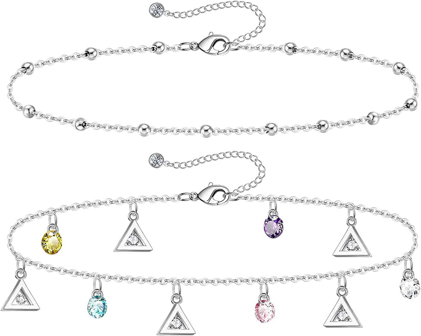 Gold Ankle Bracelets for Women 14K Gold Plated Anklet Silver Tennis Rose Quartz Cross Bead Herringbone Snake Paperclip Chain Cubic Zirconia Dainty Layered Anklet Set 3Pcs Apparel & Accessories > Jewelry > Anklets WeSparking ZH-White Gold-Triangle
