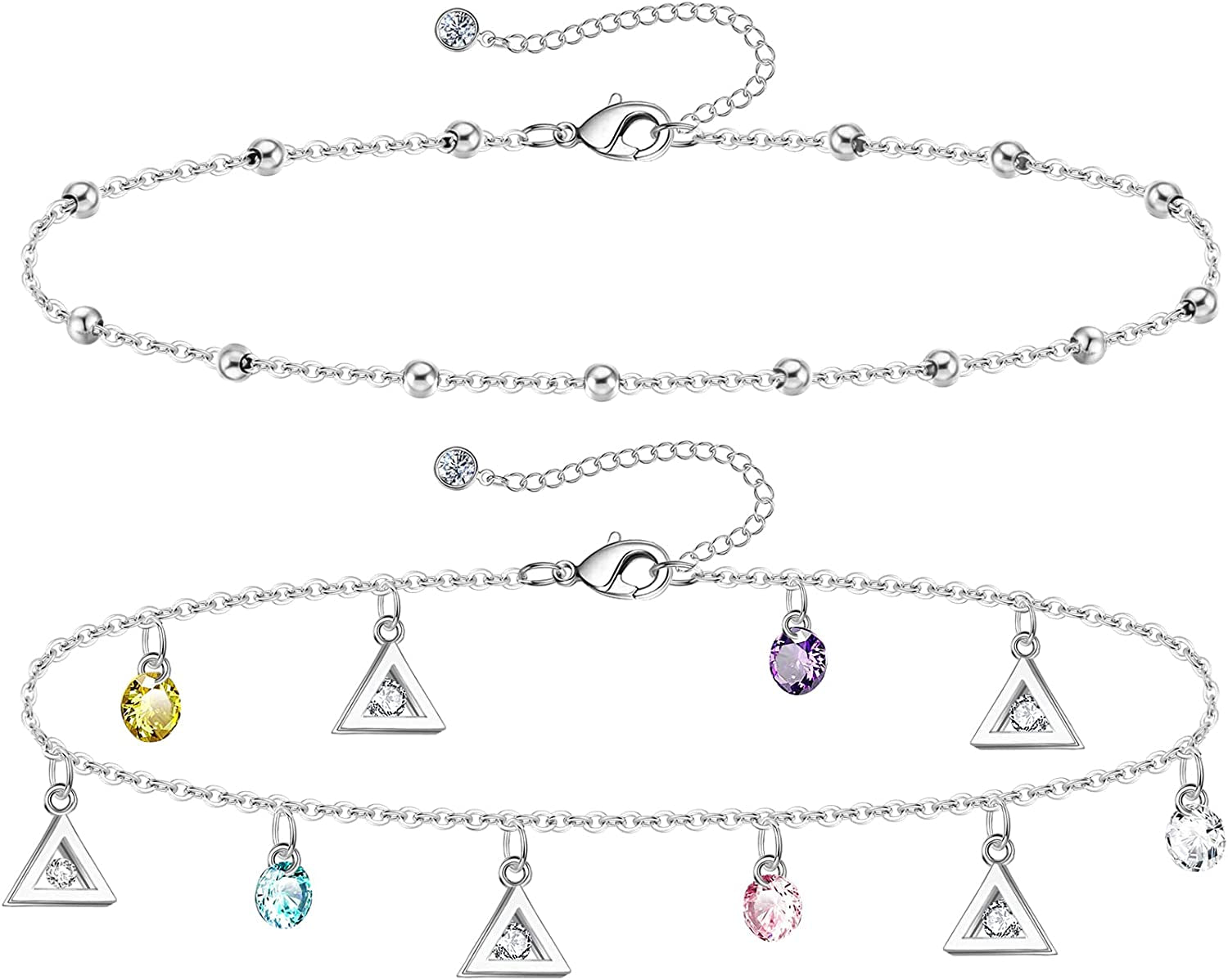 Gold Ankle Bracelets for Women 14K Gold Plated Anklet Silver Tennis Rose Quartz Cross Bead Herringbone Snake Paperclip Chain Cubic Zirconia Dainty Layered Anklet Set 3Pcs Apparel & Accessories > Jewelry > Anklets WeSparking ZH-White Gold-Triangle