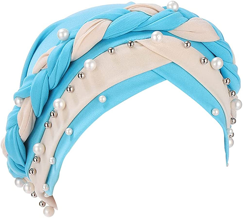 Fxhixiy Women Hijab Beading Pearl Braid Turban Hat Head Scarf Cancer Chemo Beanies Bandana Headwrap Cap Apparel & Accessories > Clothing Accessories > Headwear Fxhixiy Lake Blue Beige