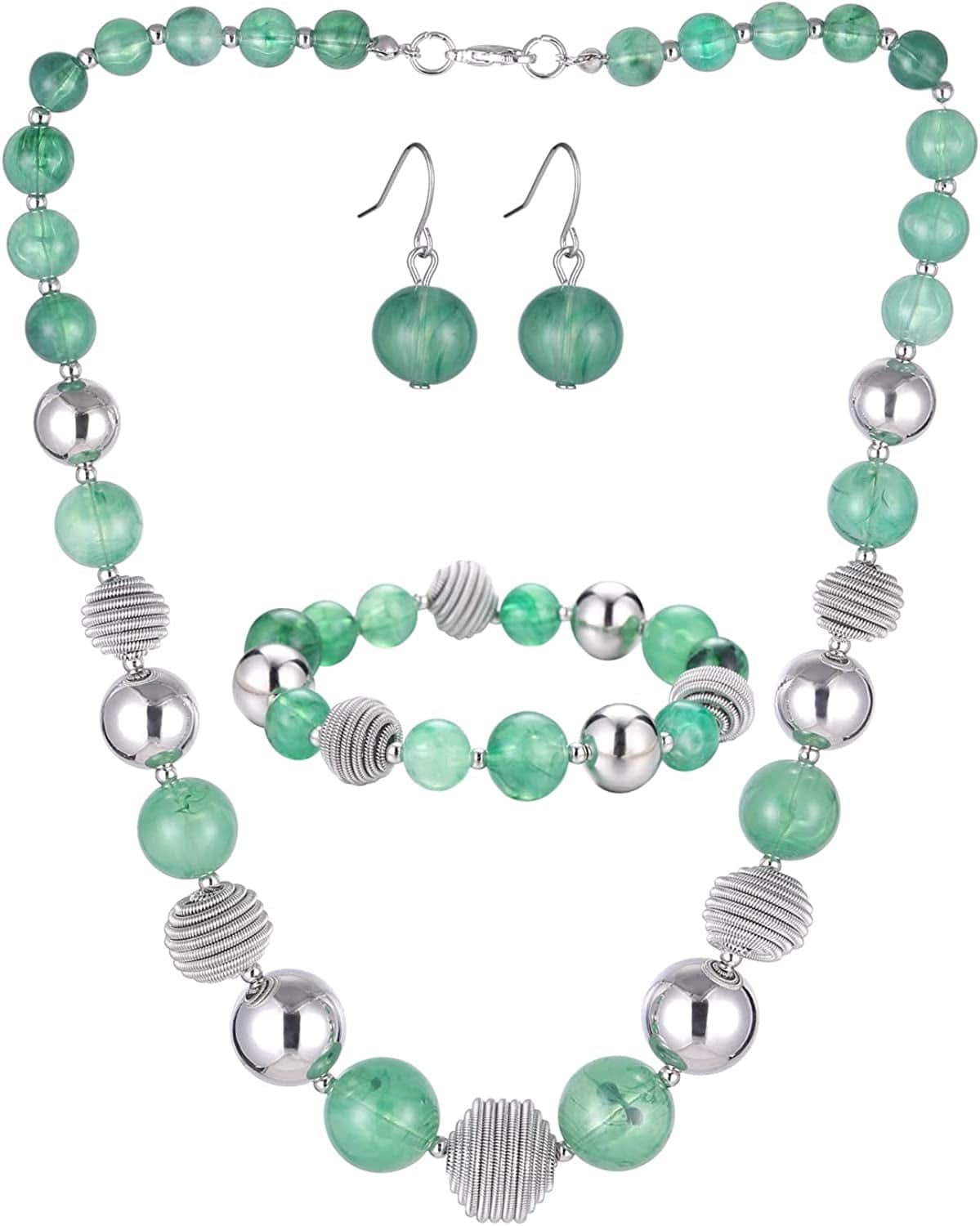 Beaded Chunky Statement Necklace Earring and Bracelet Set Silver Metal Bead Fashion Jewelry Set Mothers’ Day Gifts for Women Jade Green