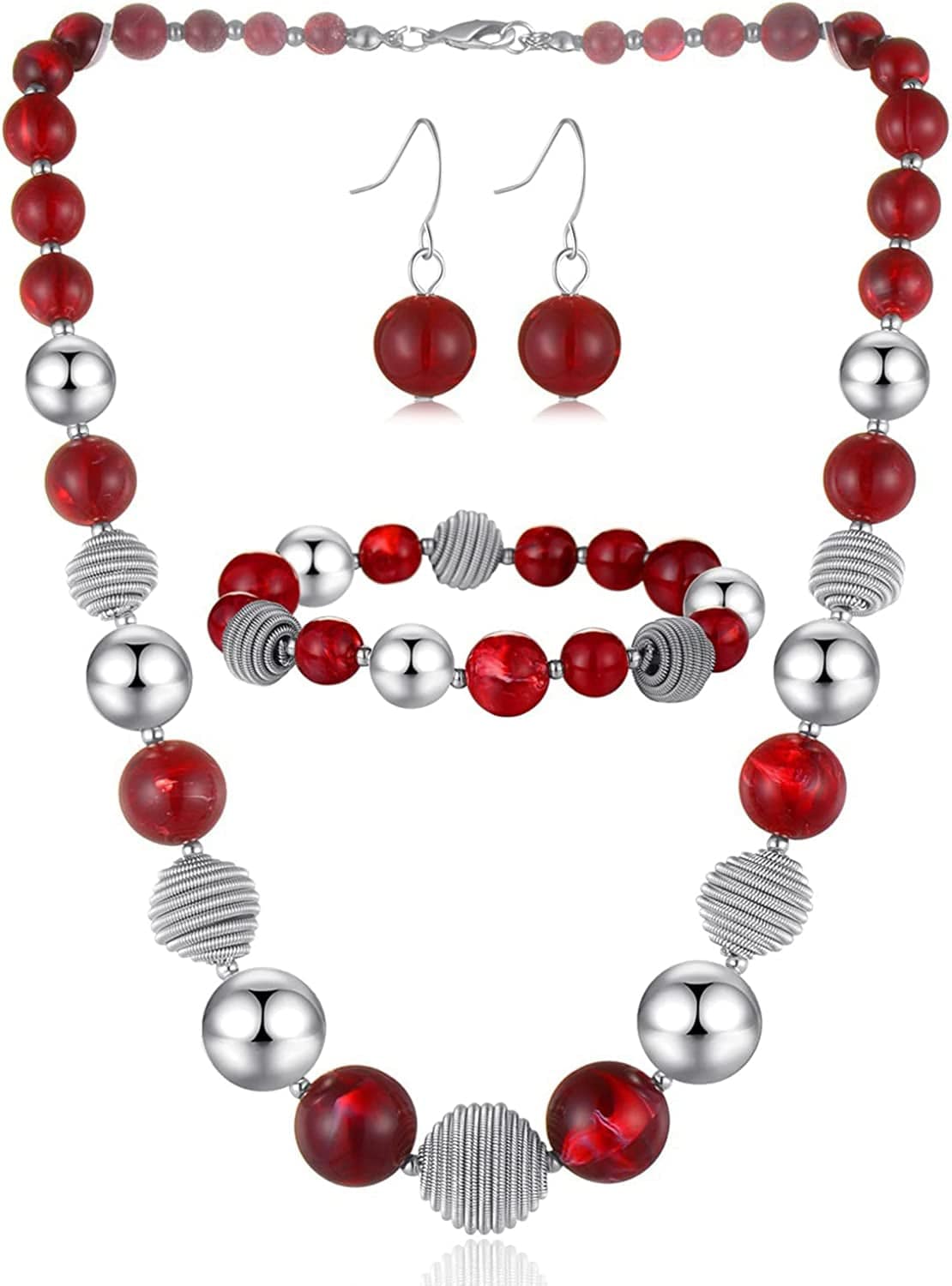 Beaded Chunky Statement Necklace Earring and Bracelet Set Silver Metal Bead Fashion Jewelry Set Mothers’ Day Gifts for Women Red