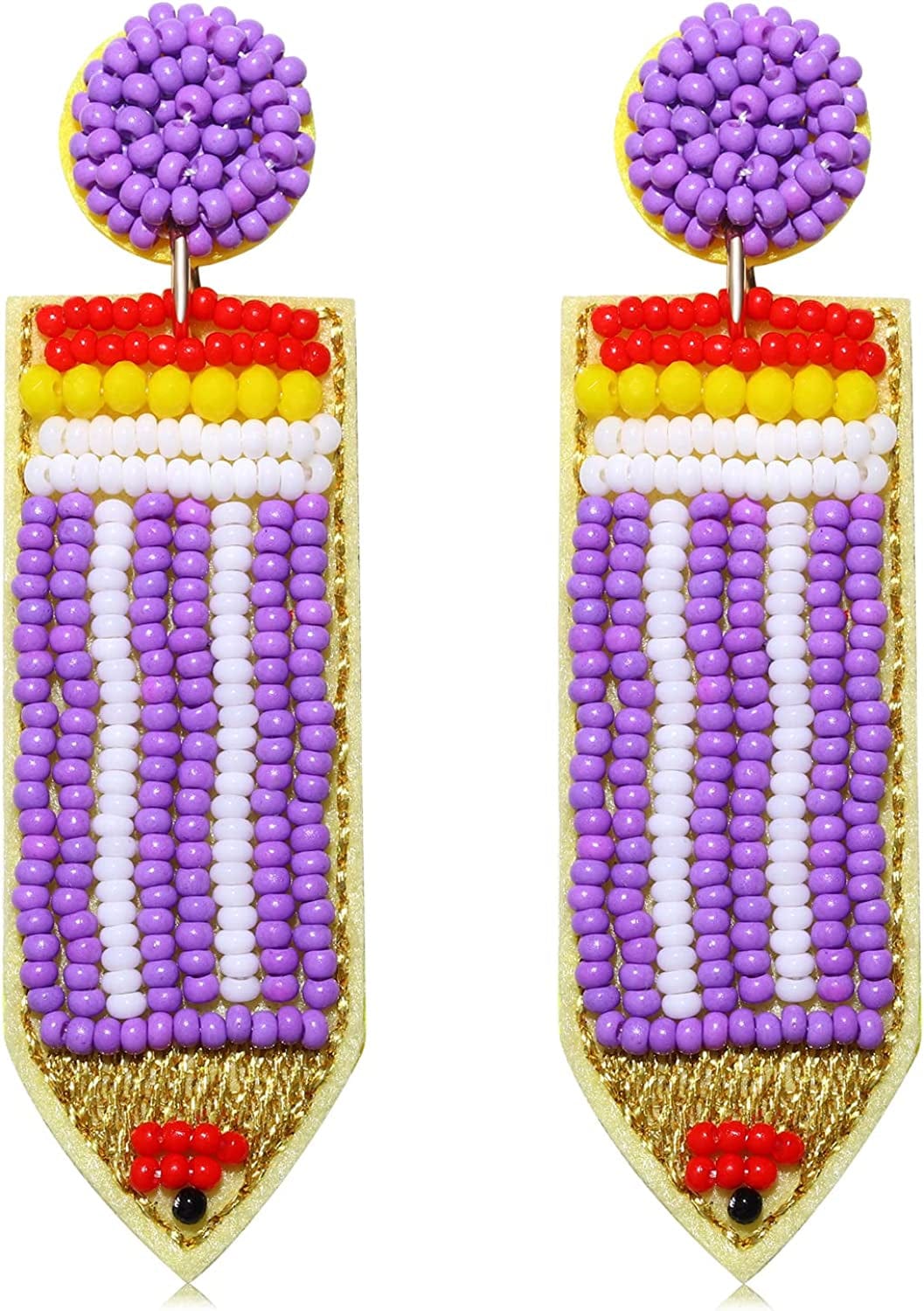 Beaded Pencil Earrings Teacher Earrings for Women Girls Handmade Funny Pencil Drop Dangle Earrings for Teachers Appreciation Day Back to School Creative Jewelry Gifts purple