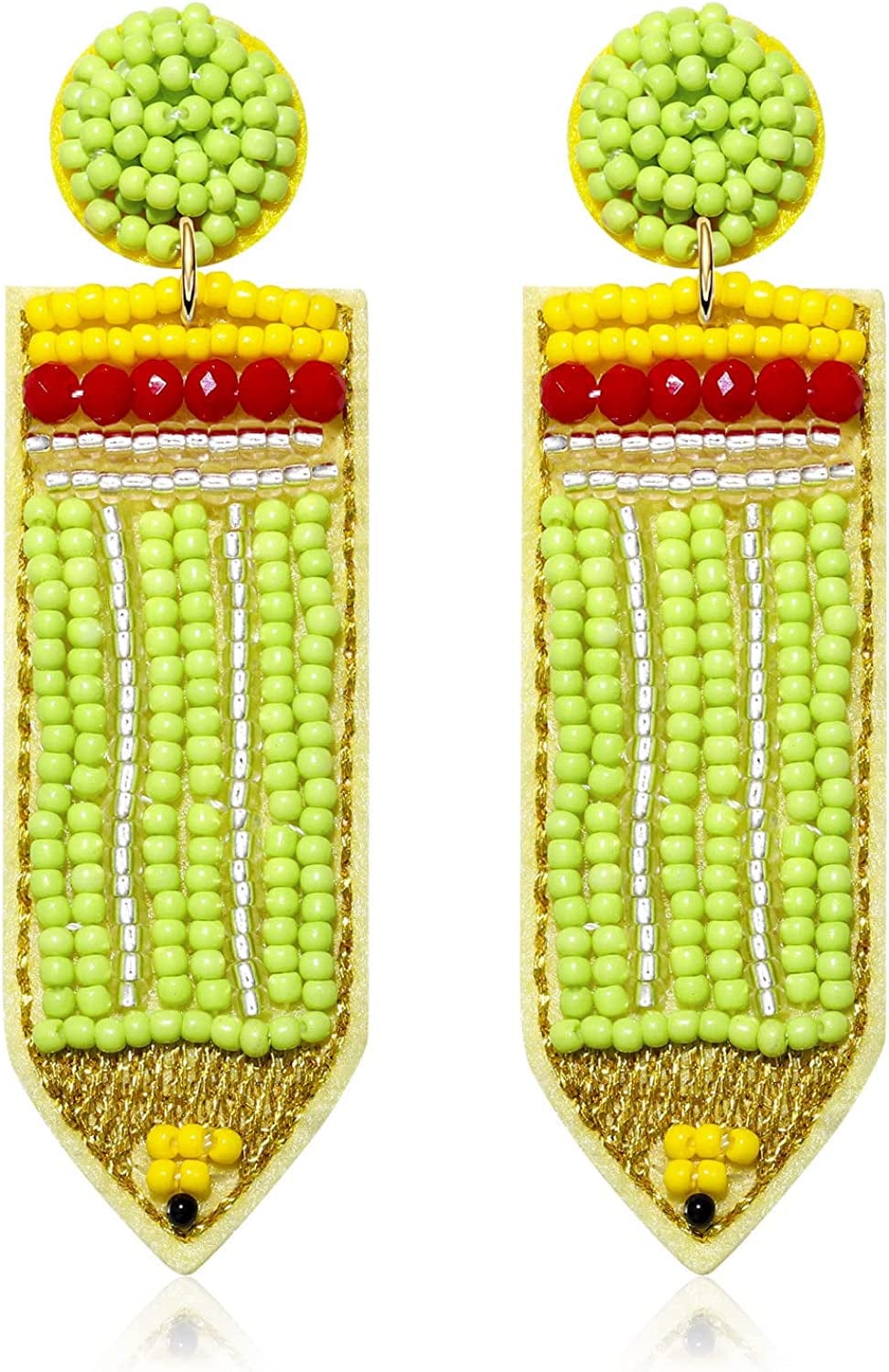 Beaded Pencil Earrings Teacher Earrings for Women Girls Handmade Funny Pencil Drop Dangle Earrings for Teachers Appreciation Day Back to School Creative Jewelry Gifts Green