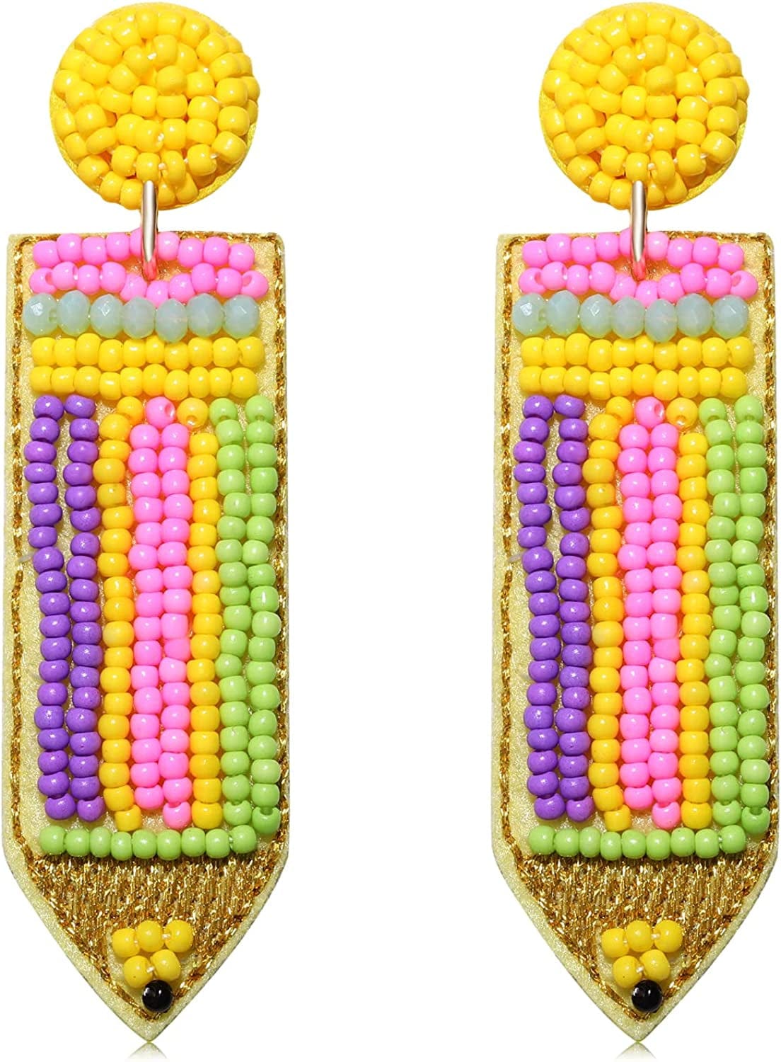 Beaded Pencil Earrings Teacher Earrings for Women Girls Handmade Funny Pencil Drop Dangle Earrings for Teachers Appreciation Day Back to School Creative Jewelry Gifts purple yellow