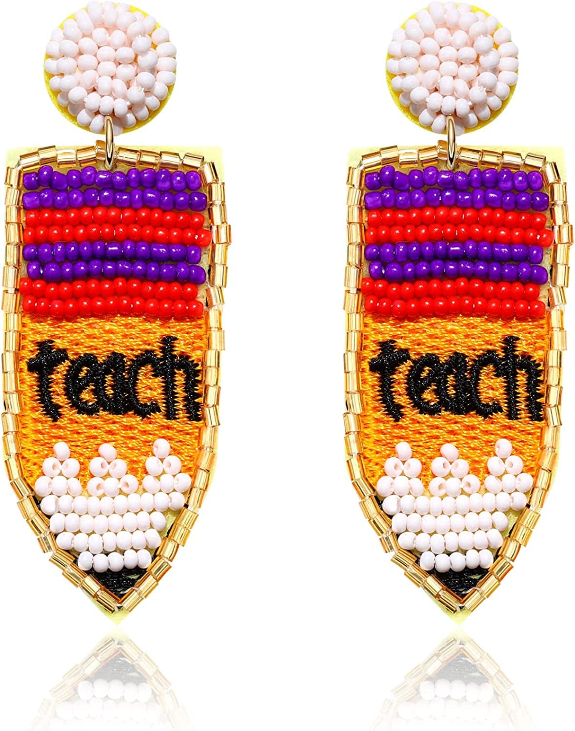 Beaded Pencil Earrings Teacher Earrings for Women Girls Handmade Funny Pencil Drop Dangle Earrings for Teachers Appreciation Day Back to School Creative Jewelry Gifts White Purple Red