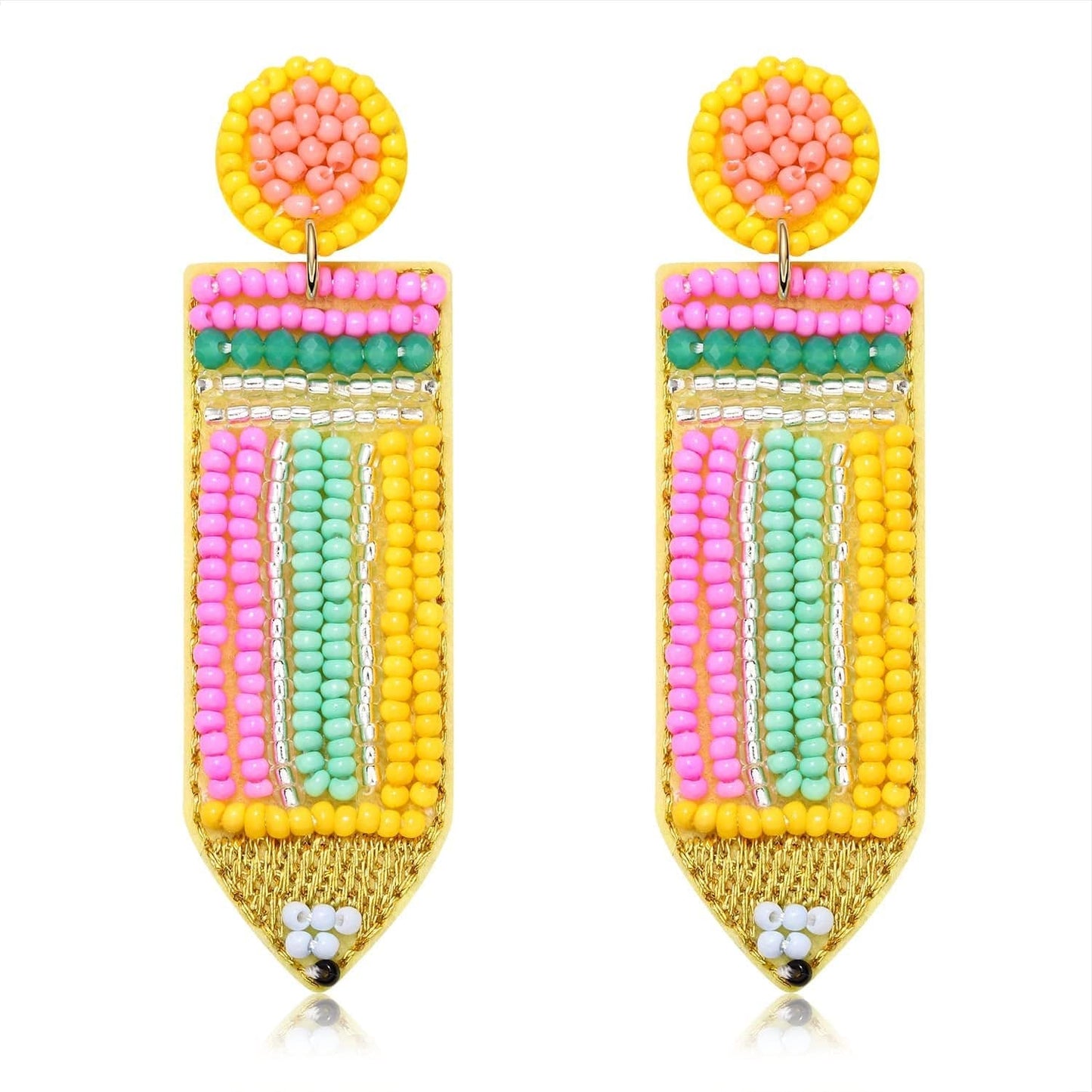 Beaded Pencil Earrings Teacher Earrings for Women Girls Handmade Funny Pencil Drop Dangle Earrings for Teachers Appreciation Day Back to School Creative Jewelry Gifts Colorful Pencil