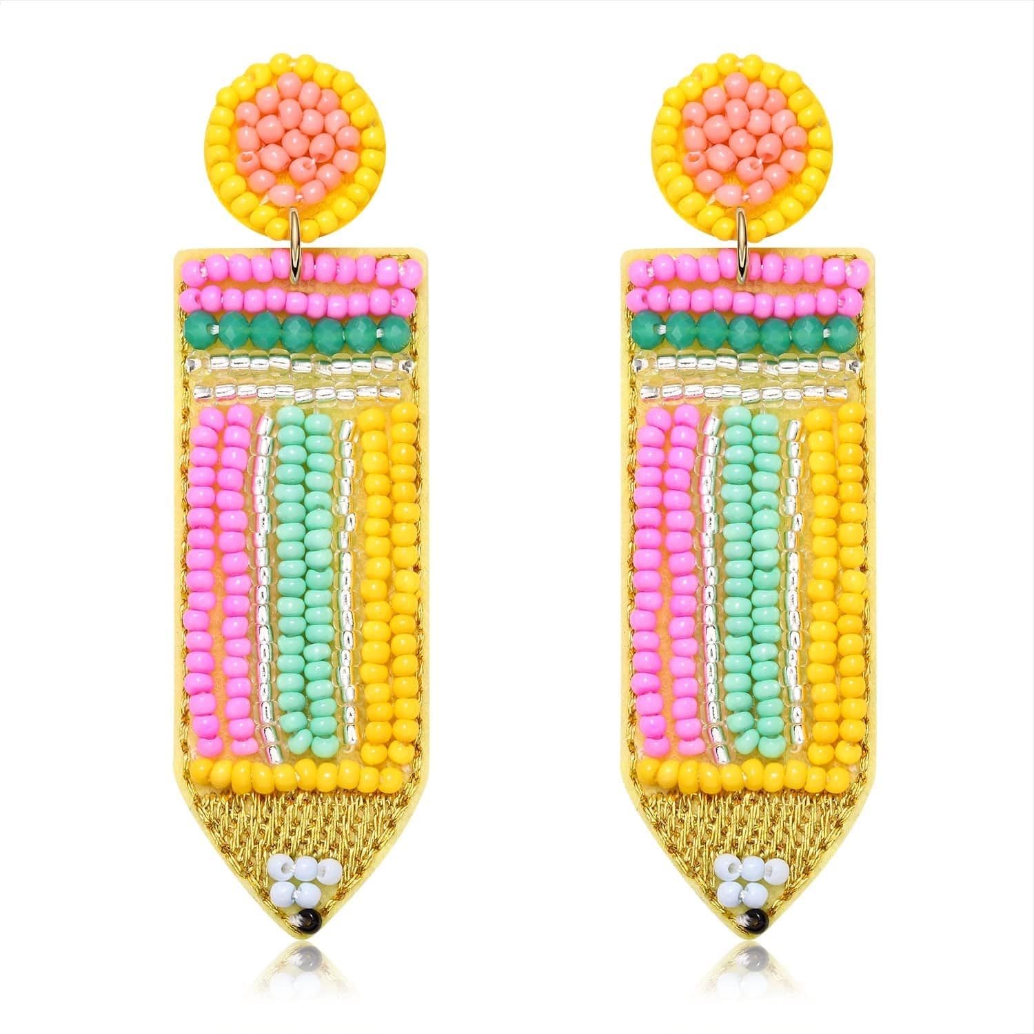 Beaded Pencil Earrings Teacher Earrings for Women Girls Handmade Funny Pencil Drop Dangle Earrings for Teachers Appreciation Day Back to School Creative Jewelry Gifts Colorful Pencil