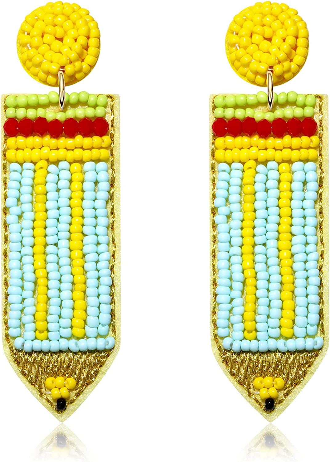 Beaded Pencil Earrings Teacher Earrings for Women Girls Handmade Funny Pencil Drop Dangle Earrings for Teachers Appreciation Day Back to School Creative Jewelry Gifts H Blue