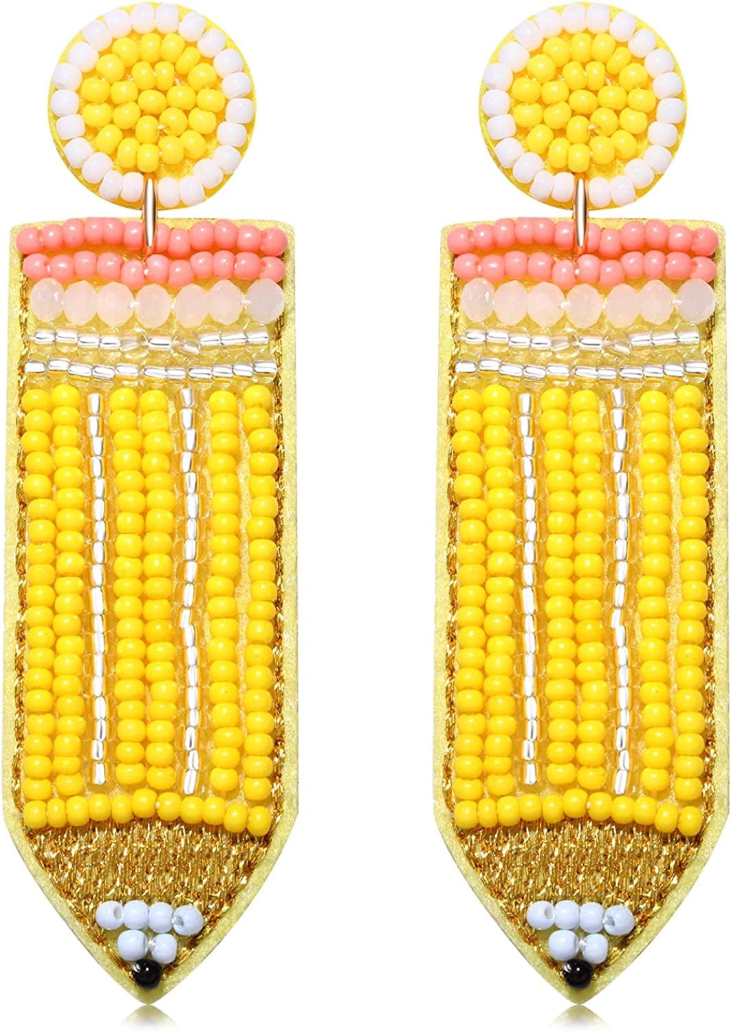 Beaded Pencil Earrings Teacher Earrings for Women Girls Handmade Funny Pencil Drop Dangle Earrings for Teachers Appreciation Day Back to School Creative Jewelry Gifts Yellow Pencil