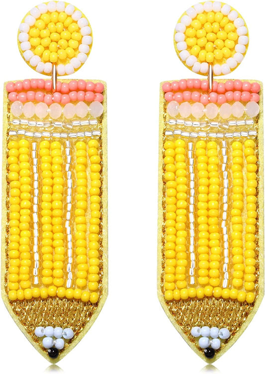 Beaded Pencil Earrings Teacher Earrings for Women Girls Handmade Funny Pencil Drop Dangle Earrings for Teachers Appreciation Day Back to School Creative Jewelry Gifts Yellow Pencil