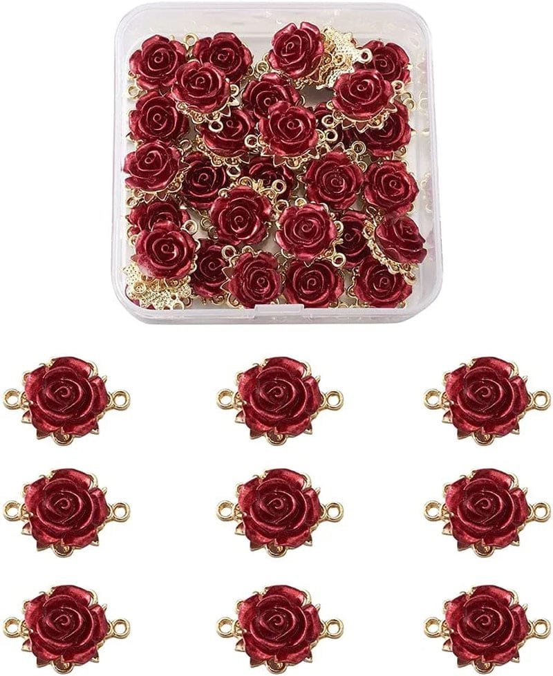Beadthoven 30Pcs Dark Red Rose Flower Alloy Charm Pendants Light Gold Plated 3D Rose Dangle Hanging Pendants for Valentine'S Day DIY Bracelet Necklace Earrings Jewelry Making 15X12X8Mm Rose Flower-Dark Red#Two Hole