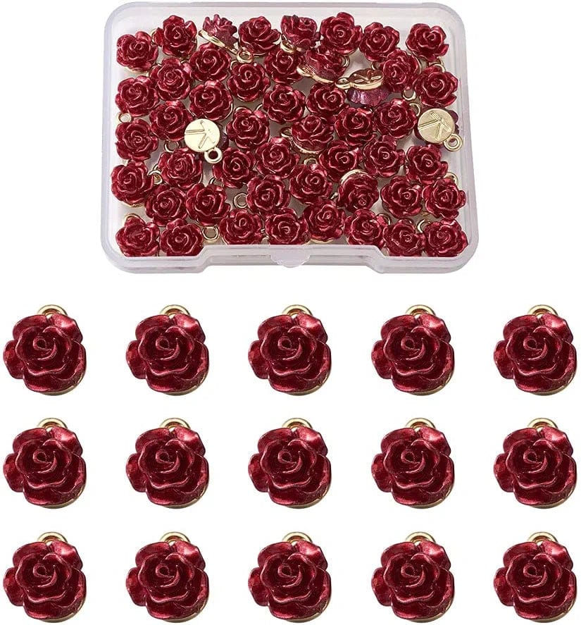Beadthoven 30Pcs Dark Red Rose Flower Alloy Charm Pendants Light Gold Plated 3D Rose Dangle Hanging Pendants for Valentine'S Day DIY Bracelet Necklace Earrings Jewelry Making 15X12X8Mm Rose Flower with Letter K-Dark Red#One Hole