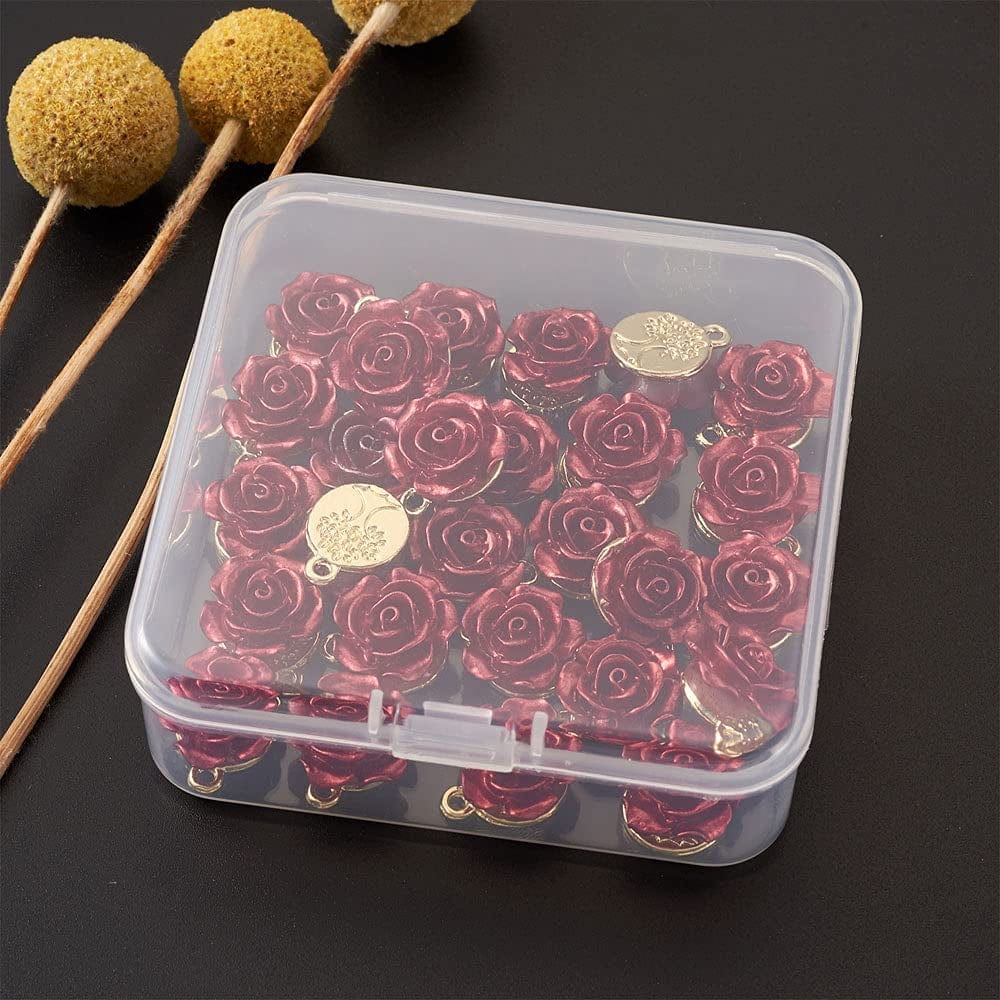 Beadthoven 30Pcs Dark Red Rose Flower Alloy Charm Pendants Light Gold Plated 3D Rose Dangle Hanging Pendants for Valentine'S Day DIY Bracelet Necklace Earrings Jewelry Making 15X12X8Mm