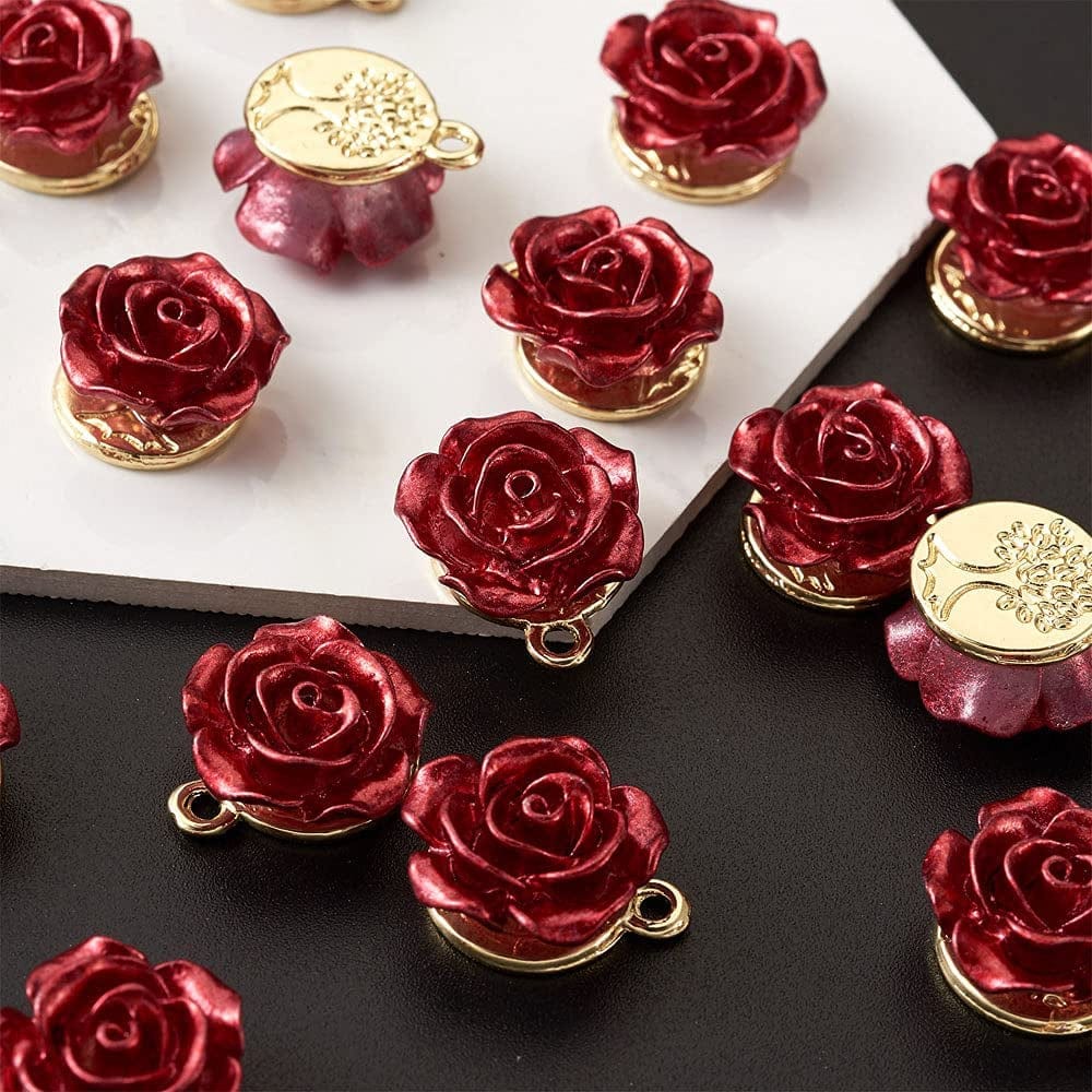 Beadthoven 30Pcs Dark Red Rose Flower Alloy Charm Pendants Light Gold Plated 3D Rose Dangle Hanging Pendants for Valentine'S Day DIY Bracelet Necklace Earrings Jewelry Making 15X12X8Mm