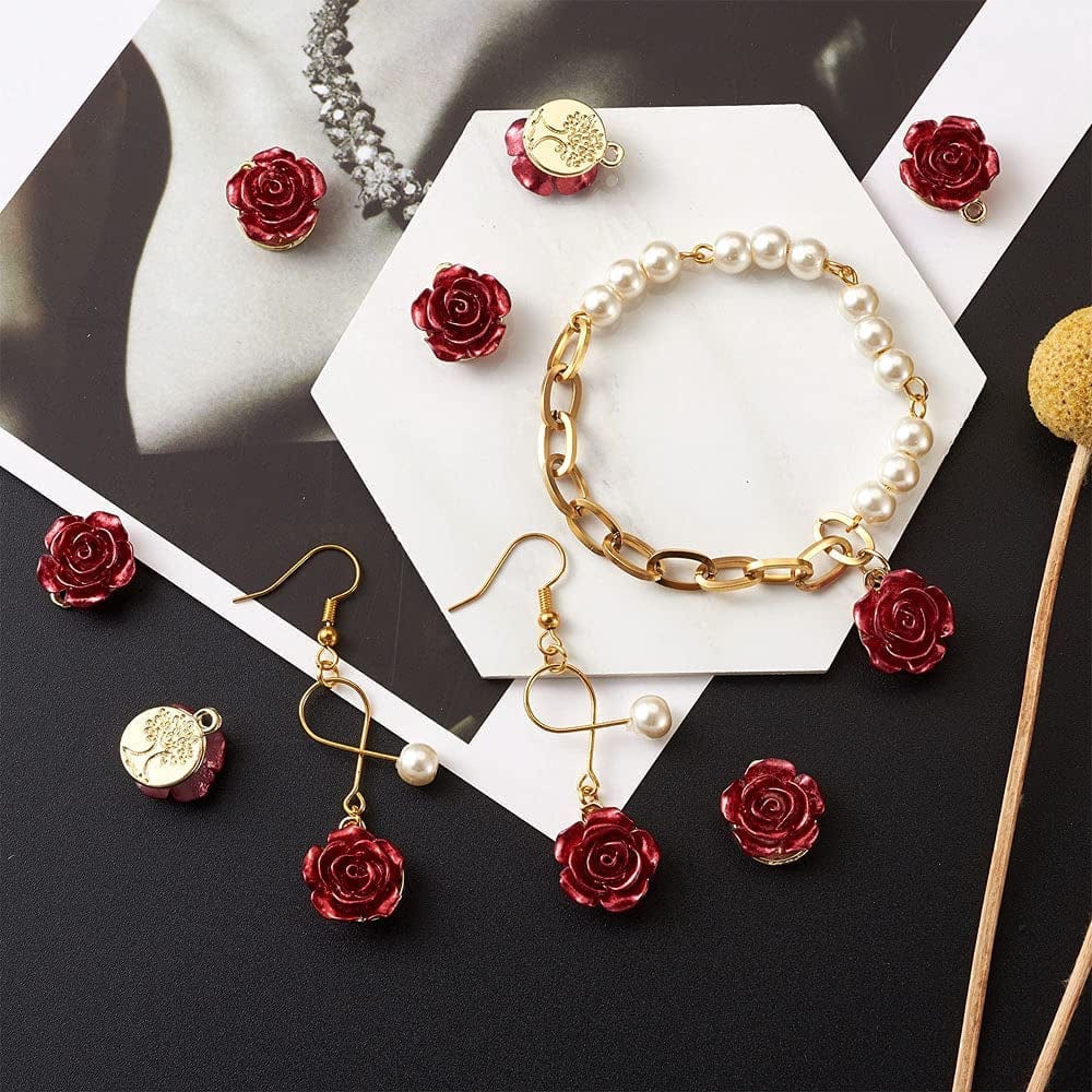 Beadthoven 30Pcs Dark Red Rose Flower Alloy Charm Pendants Light Gold Plated 3D Rose Dangle Hanging Pendants for Valentine'S Day DIY Bracelet Necklace Earrings Jewelry Making 15X12X8Mm
