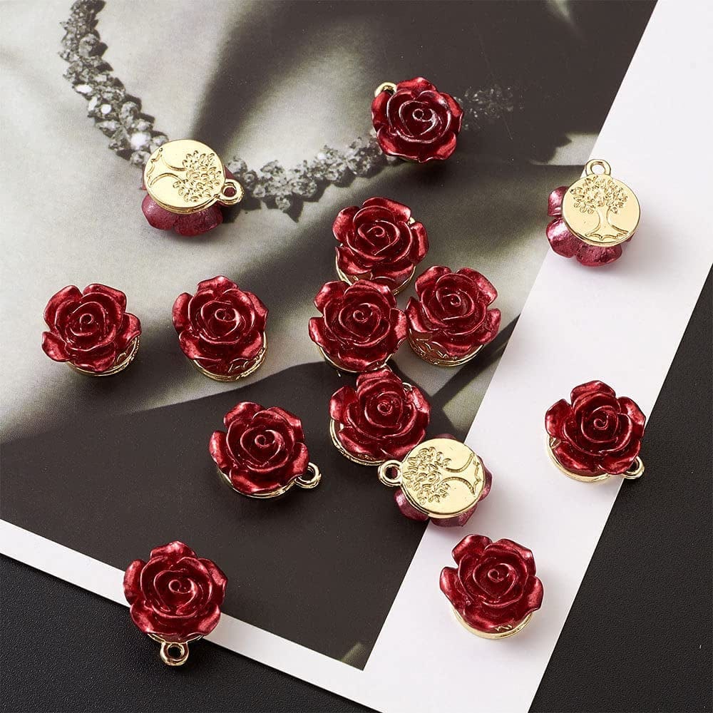 Beadthoven 30Pcs Dark Red Rose Flower Alloy Charm Pendants Light Gold Plated 3D Rose Dangle Hanging Pendants for Valentine'S Day DIY Bracelet Necklace Earrings Jewelry Making 15X12X8Mm