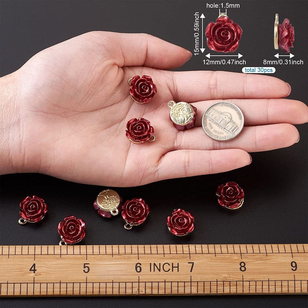 Beadthoven 30Pcs Dark Red Rose Flower Alloy Charm Pendants Light Gold Plated 3D Rose Dangle Hanging Pendants for Valentine'S Day DIY Bracelet Necklace Earrings Jewelry Making 15X12X8Mm