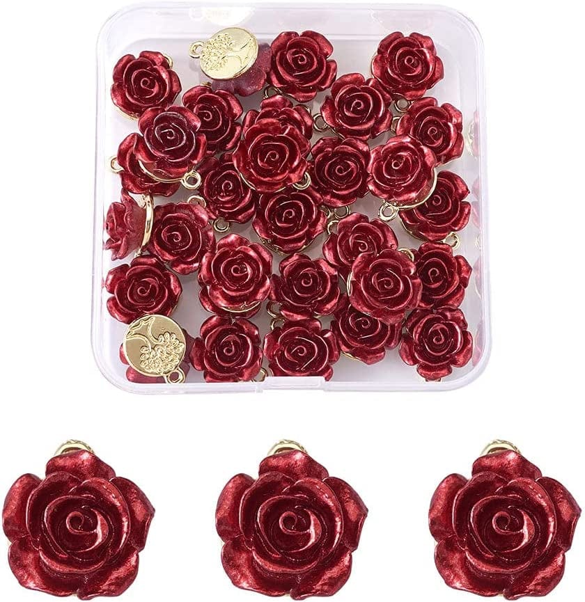 Beadthoven 30Pcs Dark Red Rose Flower Alloy Charm Pendants Light Gold Plated 3D Rose Dangle Hanging Pendants for Valentine'S Day DIY Bracelet Necklace Earrings Jewelry Making 15X12X8Mm Rose Flower with Tree-Dark Red#One Hole
