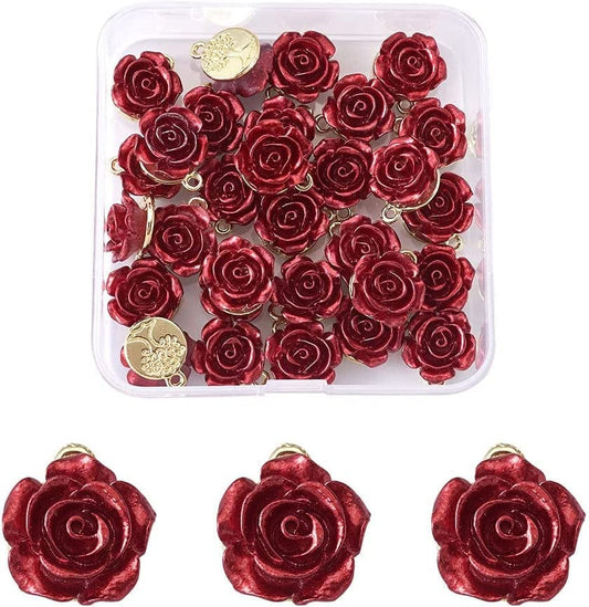 Beadthoven 30Pcs Dark Red Rose Flower Alloy Charm Pendants Light Gold Plated 3D Rose Dangle Hanging Pendants for Valentine'S Day DIY Bracelet Necklace Earrings Jewelry Making 15X12X8Mm Rose Flower with Tree-Dark Red#One Hole