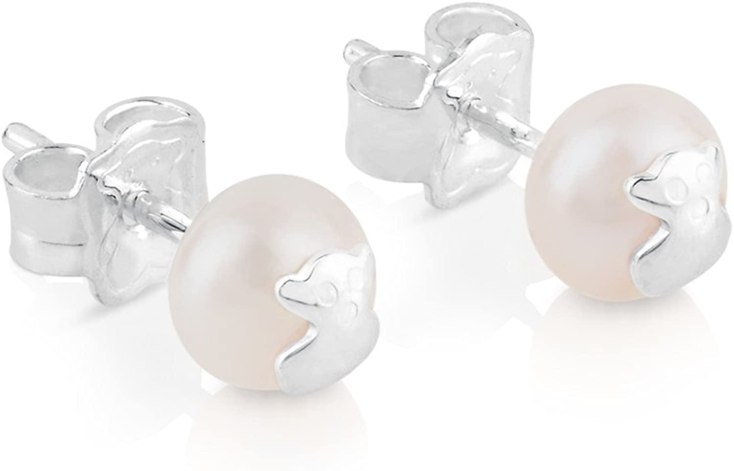 Bear 925 Silver Stud Earrings with White Freshwater Cultured Pearls