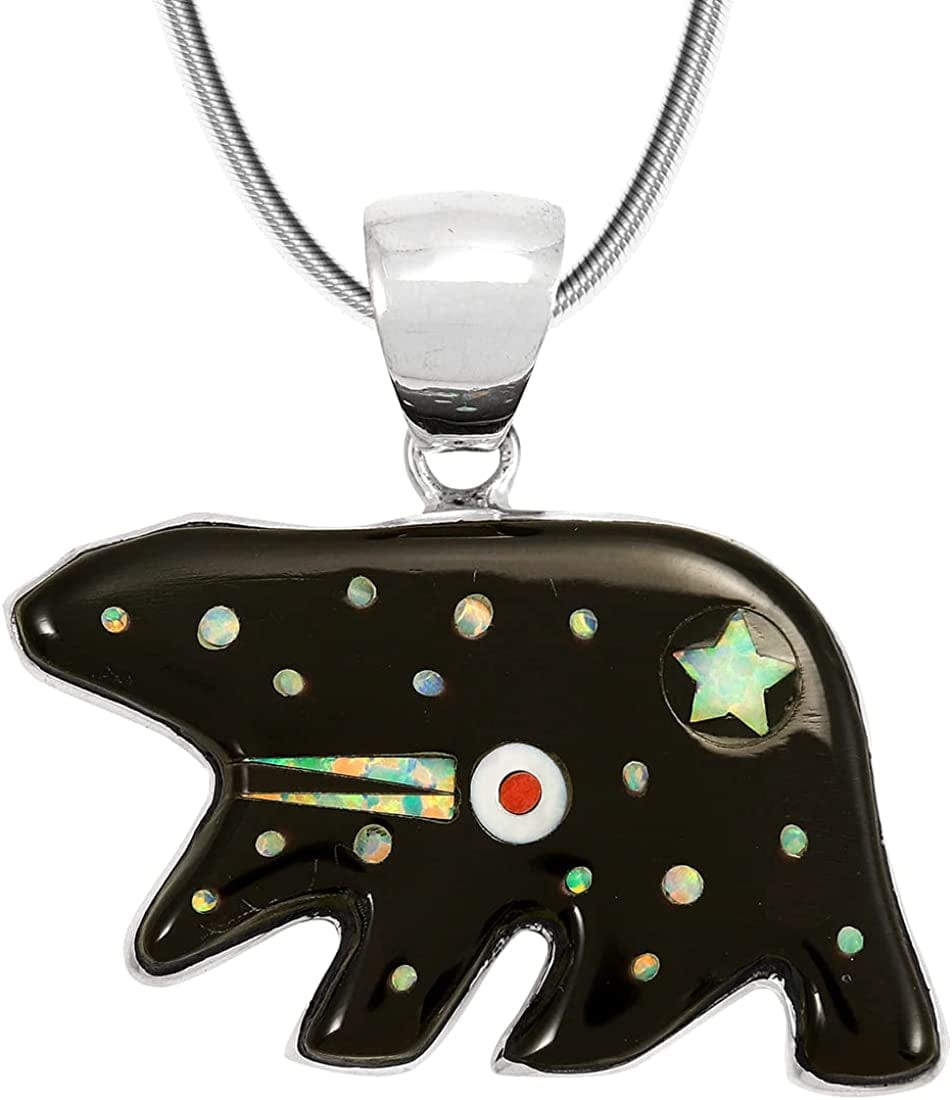Bear Pendant Necklace 925 Sterling Silver Genuine Turquoise & Gemstones (24" Length) Multi-27