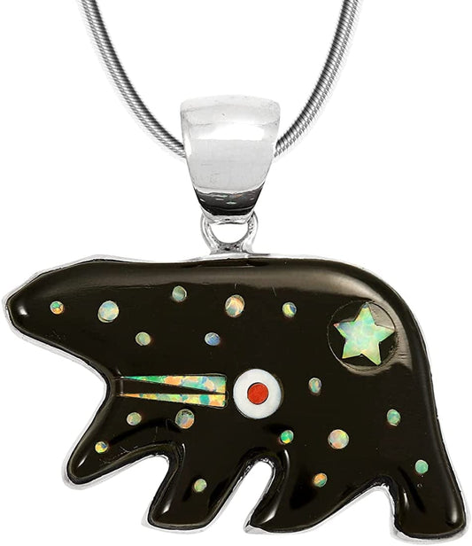 Bear Pendant Necklace 925 Sterling Silver Genuine Turquoise & Gemstones (24" Length) Multi-27