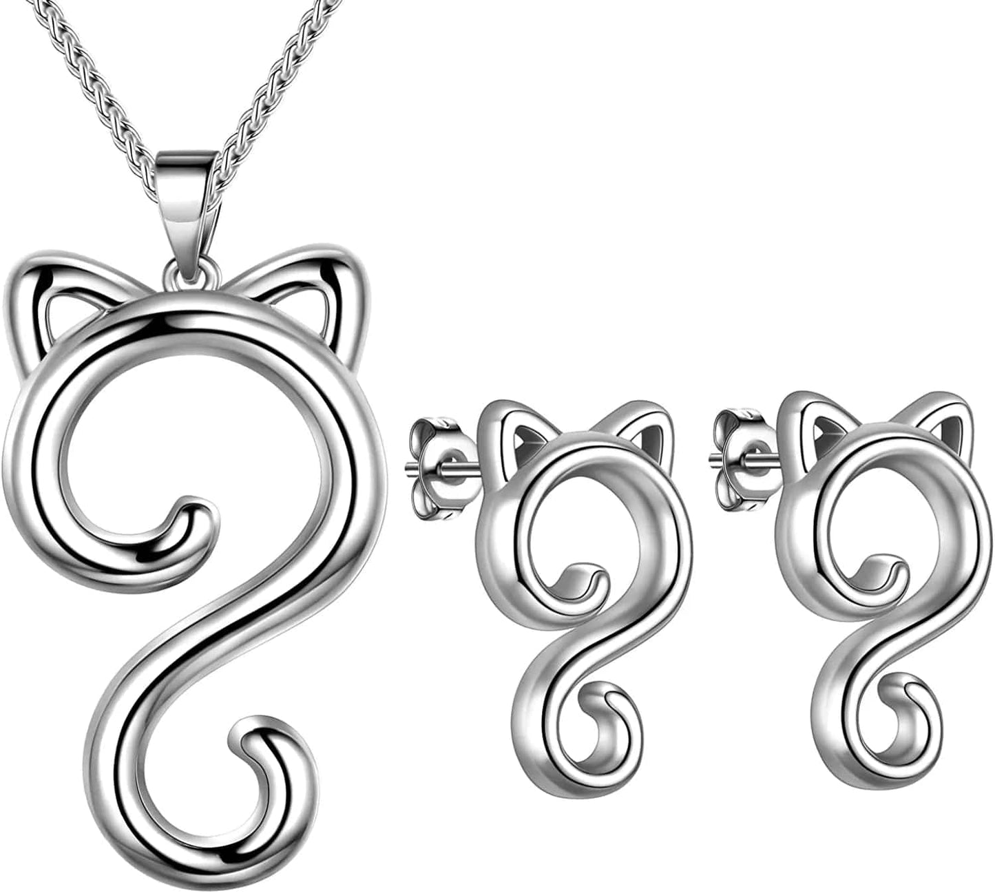 Beautlace Cute Cat Adjustable Rings 18K Gold/Silver/Black Gun Plated Lovely Cats Animals Open Ring Jewelry for Women KR0029 Silver-plated-base / necklace/earring set