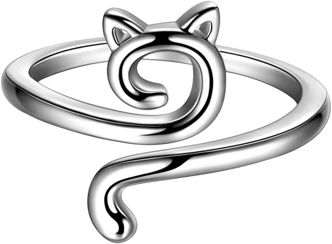 Beautlace Cute Cat Adjustable Rings 18K Gold/Silver/Black Gun Plated Lovely Cats Animals Open Ring Jewelry for Women KR0029 Silver-plated-base / ring