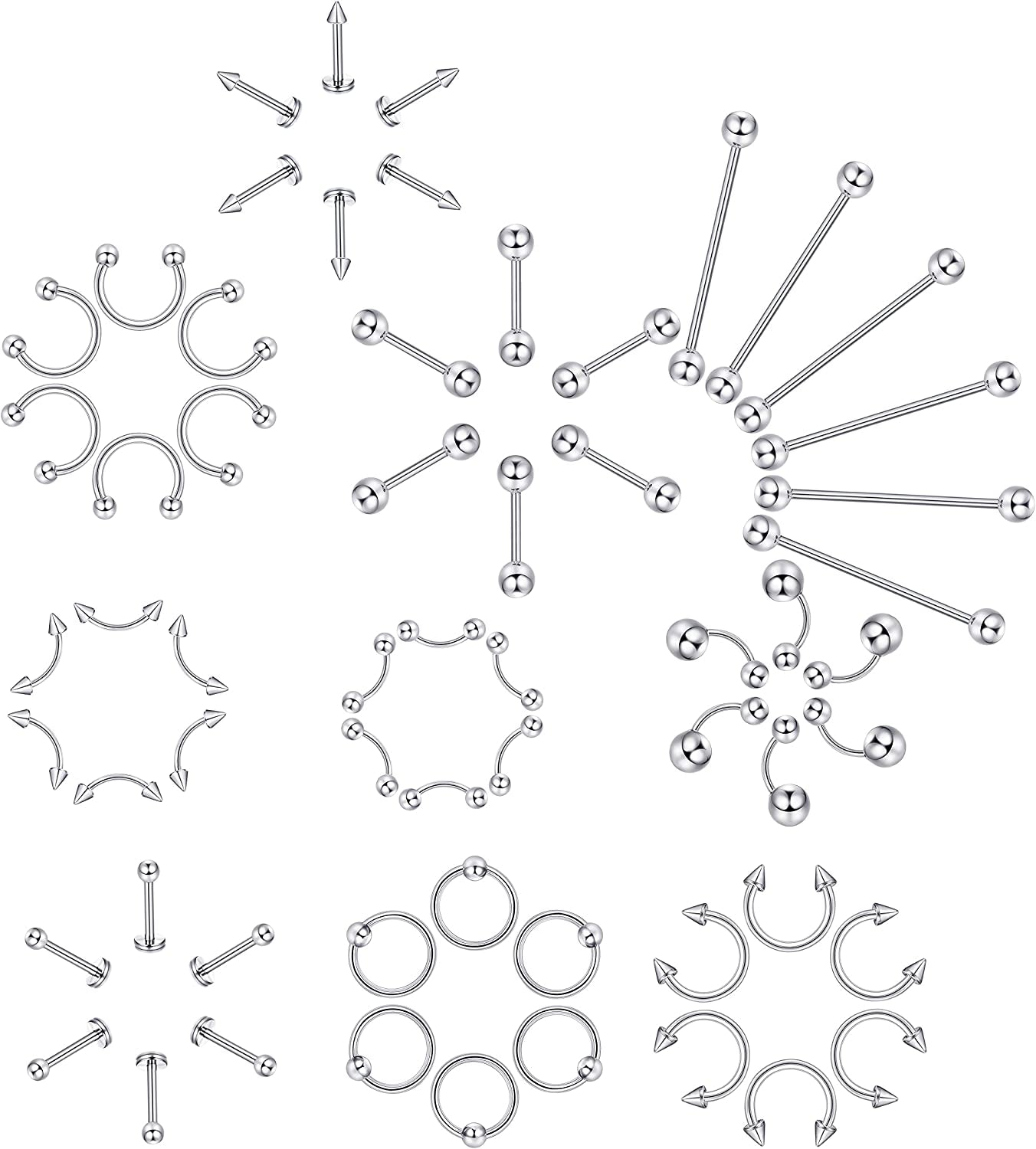 Jstyle 120Pcs Body Jewelry Piercing Lot Stainless Steel Nose Horseshoe Lip Tongue Eyebrow Tragus Body Piercing Navel Belly Ring Barbells 14G-16G Apparel & Accessories > Jewelry > Rings Jstyle
