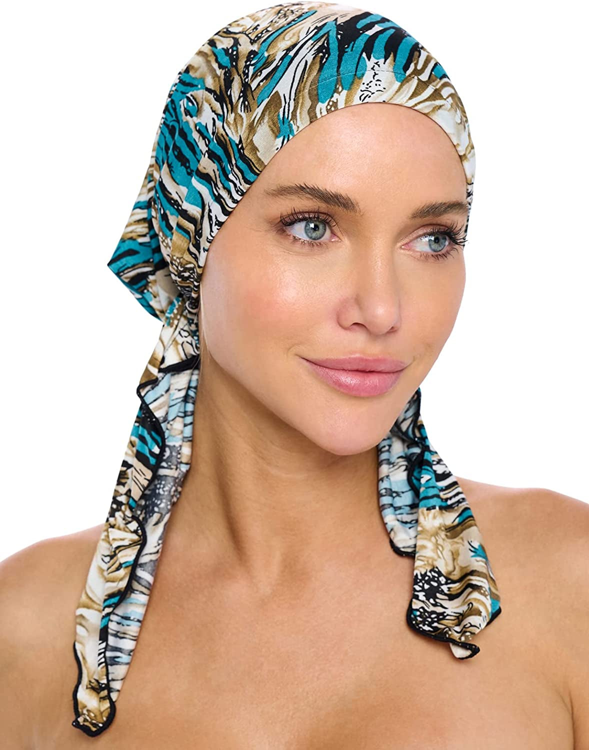 Ashford & Brooks Pre Tied Bandana Turban Chemo Head Scarf Sleep Hair Cover Hat Apparel & Accessories > Clothing Accessories > Bandanas & Headties Ashford & Brooks Abstract Black/Aqua/Tan One Size