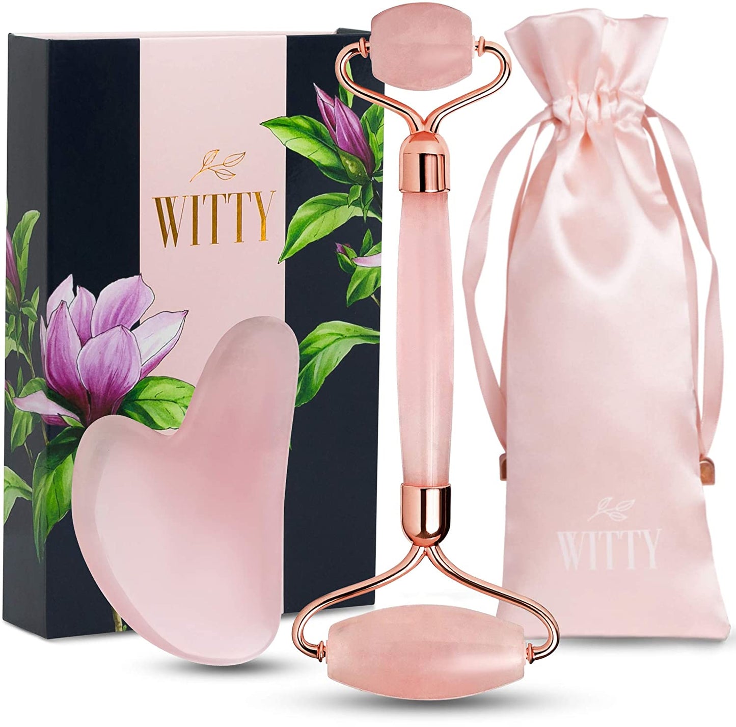 WITTY Jade Face Roller and Gua Sha Set in Hand-Drawn Giftbox - Gua Sha Stone, Face Massager Roller, Beauty Massage Face Scraper Tools - Guasha Tool for Face Roller Skin Care, Eyes, Neck - Extra Pouch Health & Beauty > Personal Care > Cosmetics > Cosmetic Tools > Skin Care Tools WITTY Pink