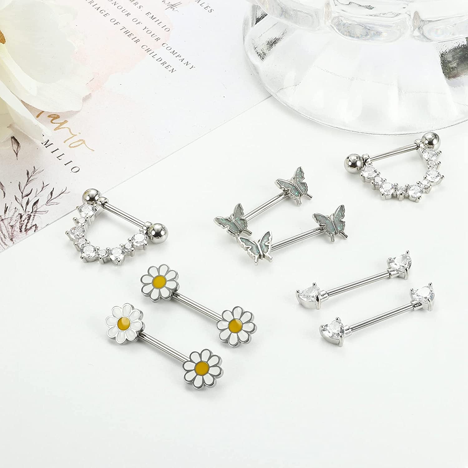 FINREZIO 4Pairs 14G Nipple Rings 316L Surgical Steel Flower Nipple Tongue Ring Barbell Piercing for Women Body Piercing Jewelry Apparel & Accessories > Jewelry > Body Jewelry FINREZIO