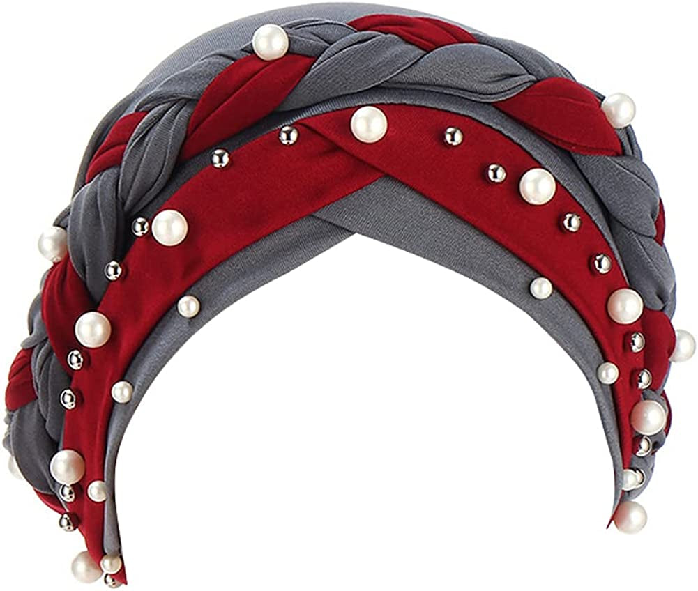 Fxhixiy Women Hijab Beading Pearl Braid Turban Hat Head Scarf Cancer Chemo Beanies Bandana Headwrap Cap Apparel & Accessories > Clothing Accessories > Headwear Fxhixiy Gray Wine