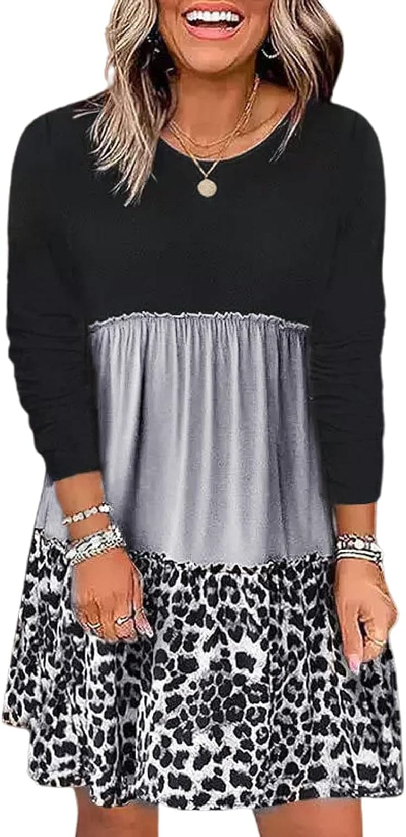 Bellelily Women Long Sleeve Loose Fit Ruffled Dress Leopard Color Block round Neck Tiered Casual Swing Tunic Mini Dresses Grey / X-Large