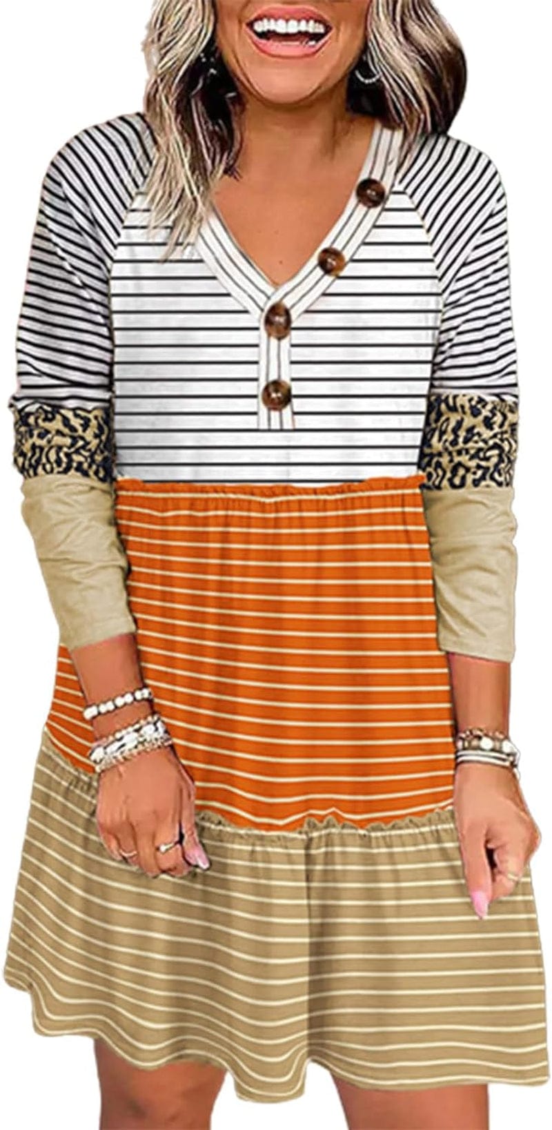 Bellelily Women Long Sleeve Loose Fit Ruffled Dress Leopard Color Block round Neck Tiered Casual Swing Tunic Mini Dresses Striped / Small