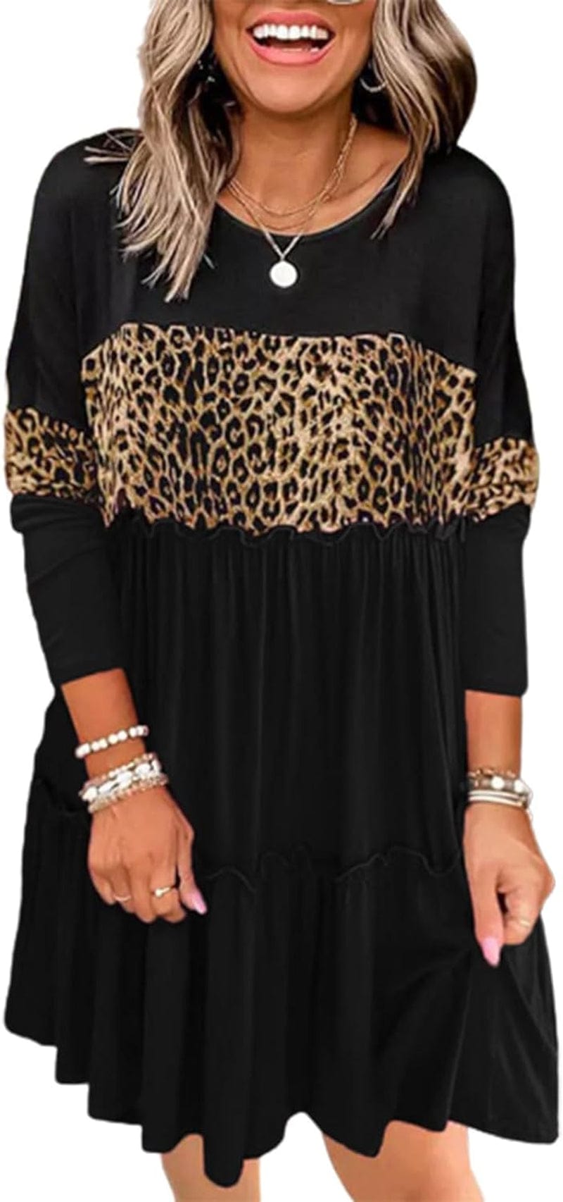 Bellelily Women Long Sleeve Loose Fit Ruffled Dress Leopard Color Block round Neck Tiered Casual Swing Tunic Mini Dresses Black / Small