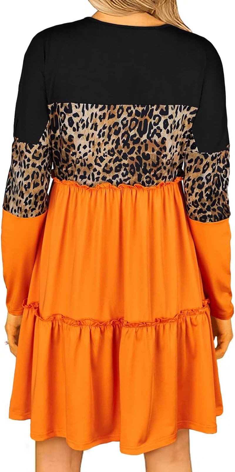 Bellelily Women Long Sleeve Loose Fit Ruffled Dress Leopard Color Block round Neck Tiered Casual Swing Tunic Mini Dresses