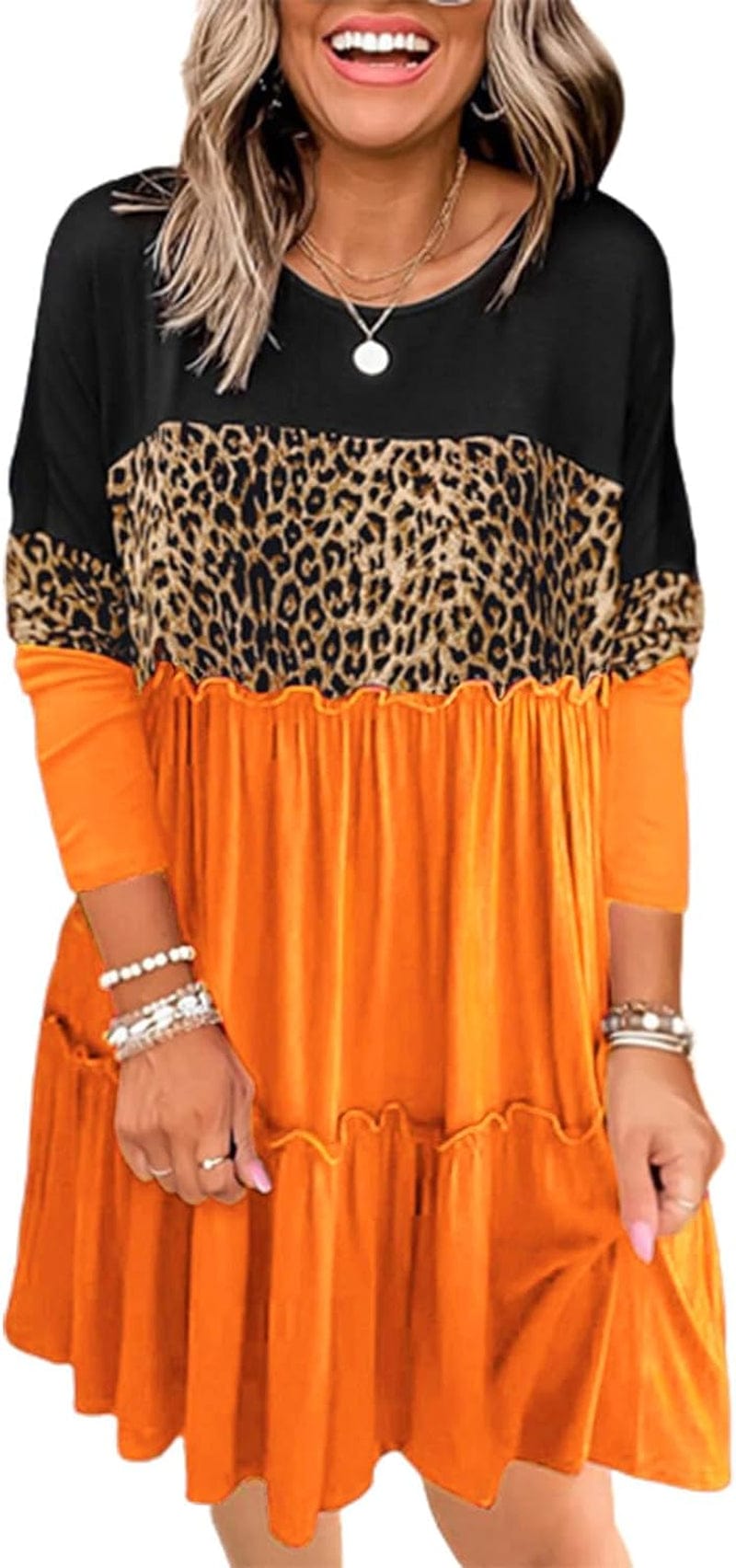Bellelily Women Long Sleeve Loose Fit Ruffled Dress Leopard Color Block round Neck Tiered Casual Swing Tunic Mini Dresses